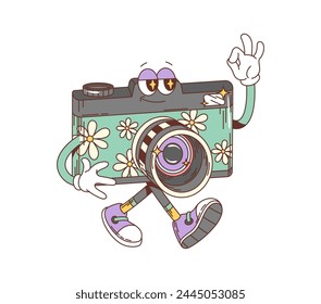 Cartoon groovy photo camera character. Isolated vector funky, hippie style photocamera personage adorned with vibrant daisy flowers and confident smile, showing ok gesture, exuding retro playful charm