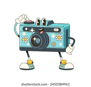 Cartoon groovy photo camera retro character. Isolated vector funky, hippie style photocamera personage adorned with vibrant daisy flowers, stars and playful smile push shooting button to make snapshot