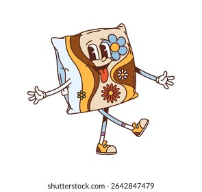 Cartoon groovy pillow furniture and interior character with cheerful embroidered floral pattern, tongue out and open arms. Vector retro funny cushion personage with funky y2k hippie vibe and sneakers