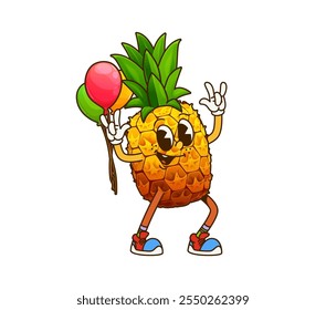 Personaje de fruta de piña groovy de dibujos animados en fiesta. Personaje de frutas tropicales de Vector lleno de energía, dando señal de mano rockera, sosteniendo globos y usando zapatillas de deporte funky durante la celebración del evento festivo