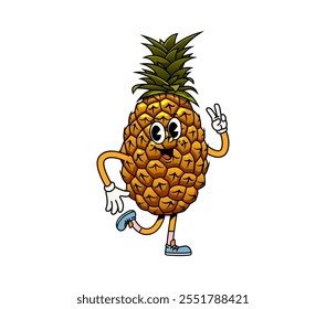 Cartoon groovy pineapple fruit character with happy funky face, vector emoji. Groovy pineapple with cheerful smile, freaky silly emotion of hippie peace sign or Hi gesture as retro cartoon character