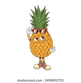 Cartoon groovy pineapple retro character wearing sunglasses and sneakers. Isolated vector ripe tropical pineapple fruit has an expressive face and a confident pose, giving off a cool and relaxed vibe