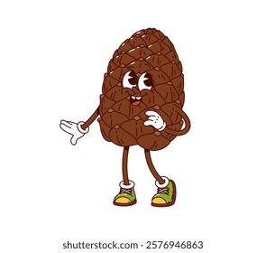 Cartoon groovy pinecone nut and seed character with hippie sneakers and gloves expressing joy. Isolated vector cheerful pine cone retro personage with expressive eyes, nutritious food