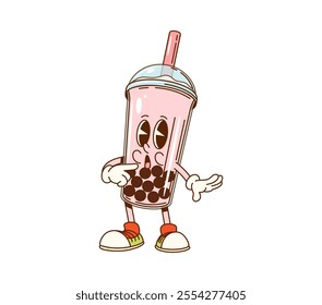 Cartoon groovy pink bubble tea fast food character. Isolated vector disposable cup with tapioca pearls and a straw, wearing sneakers. Retro drink personage expressive eyes and a surprised expression