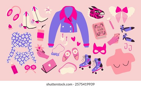 Cartoon groovy pink elements. Trendy barbiecore set with cowboy boots, jacket, swimsuit and other. Vector design for sticker, poster, scrapbooking. 