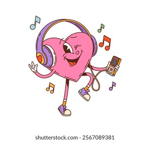 Cartoon groovy pink heart Valentine character enjoying music with headphones. Isolated vector cute romantic personage dancing, radiating pure joy, relaxation, love and music surrounded with notes