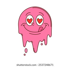 Cartoon groovy pink melting face character with heart-shaped eyes and sticking tongue, symbol of love and Valentines Day. Emoji exudes joy, affection and romance for festive occasions and greetings