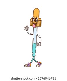 Cartoon groovy pipette medicine and health care character struts confidently in sneakers evokes sense of wellness and positivity. Vector medical tool personage with cheerful face, and hippie sneakers