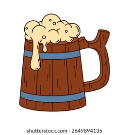 Cartoon groovy pirate beer tankard. Isolated vector corsair mug, carved from wood, brims with foamy brew or ale. Rugged wood pint cup object with its sides adorned with curve handle and metal loops
