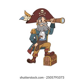 Cartoon groovy pirate and corsair character. Isolated vector bearded captain personage stands confidently with foot on a treasure chest looking through a spyglass, searching horizon for adventure