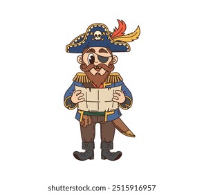 Cartoon groovy pirata e personagem corsário lê um mapa do tesouro. Personagem de capitão náutico vetor isolado com um tapa-olho, chapéu de trimilho, casaco com pelotas de ouro e botas pretas, encontra saque escondido