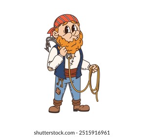 Cartoon groovy pirata e personagem corsário. Personagem isolada de marinheiro robusto vetorial com bandana vermelha e barba arbustiva segura um gancho de garra, pronto para a ação, de pé com uma determinada expressão