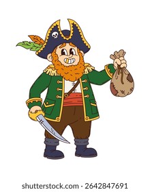 Cartoon groovy pirate and corsair character holds stack of gold coins in hand. Cheerful retro rover captain with bushy red beard and trusty saber. Vector sailor wears tricorn hat and green coat