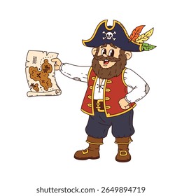 Cartoon groovy pirate and corsair character holding a treasure map. Isolated vector nautical captain or boatswain y2k personage with a feathered tricorn hat, vest and leather boots, finds hidden loot