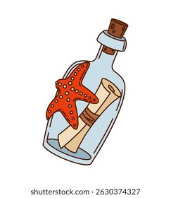 Cartoon groovy pirate and corsair message, rolled up scroll inside a glass bottle sealed with a cork and red starfish is attached. Isolated vector retro letter in flask tossed by the sea, secret map