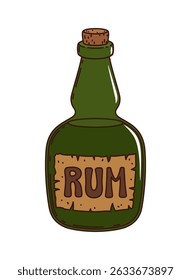 Cartoon groovy pirate and corsair rum bottle, retro green glass flask with cork stopper, rugged emblem and narrow neck. Isolated vector alcohol drink bottle holds the essence of daring adventures