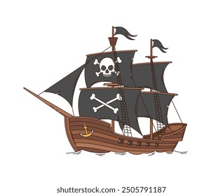 Cartoon groovy pirate and corsair sailing ship. Isolated vector old sea frigate with black sails, jolly roger skull, flag and wooden hull. Buccaneer brigantine on ocean waves, ready for adventure