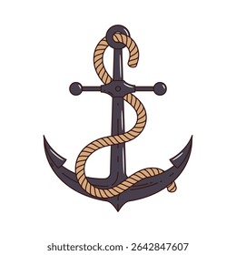 Cartoon groovy pirate and corsair ship anchor. Isolated vector traditional navy anchor wrapped with a thick rope. Nautical sailing equipment symbolizing strength, stability, and maritime adventure