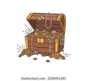 Cartoon groovy pirate and corsair treasure chest with gold and jewels. Isolated vector old trunk or box, filled with golden coins. Antique medieval coffer, open and overflowing with loot and wealth