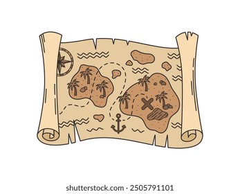 Cartoon groovy pirate and corsair treasures map. Vector worn fantasy vintage parchment with sea, land, Caribbean islands, wind rose and ship anchor. Isolated old, antique, medieval paper adventure map