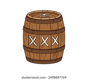 Cartoon groovy pirate and corsair wooden barrel. Isolated vector rustic, wood, cylindrical cask, bound by metal hoops. Pub or bar brewery item for storing rum, gunpowder, gold, beer, wine or provision