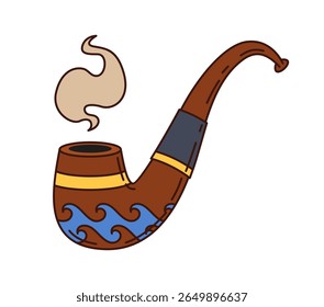 Cartoon groovy pirate smoking pipe with decorative wave patterns, gold accents and curling smoke. Isolated vector nautical object, classic marine curved pipe, evoking a seafaring, adventurous vibe