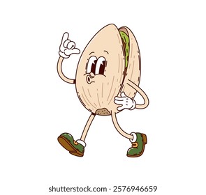 Cartoon groovy pistachio nut character features carefree expression, wearing hippie sneakers. Isolated vector quirky, whimsical food retro personage with cheerful face, conveying funky y2k vibe