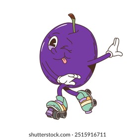 Cartoon groovy plum retro character. Isolated vector vintage ripe fruit personage wearing gloves and roller skates, striking a fun pose with a playful expression, sticking out its tongue and winking