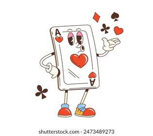 Cartoon groovy poker card character. Isolated vector retro Ace of Hearts playing card personage big with eyes, shoes, gloves and carefree face expression perform diamond, spade, heart and club aces