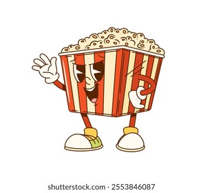 Cartoon groovy popcorn bucket fast food character. Isolated vector cheerful pop corn retro personage with a vibrant red and white stripes, playful smile and happy eyes, ready for nostalgic movie night