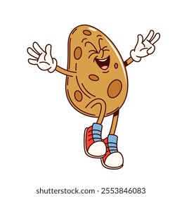 Cartoon groovy potato vegetable character for retro comic food, vector personage. Groovy funky funny carrot with happy silly face and jumping in happiness and joy for groovy food emoji in good vibes