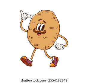 Cartoon groovy potato vegetable character. Isolated vector adorable ripe farm food personage wearing sneakers and gloves, with happy smiling face expression and mustaches, exudes retro funky vibe