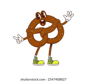 Cartoon groovy pretzel, bakery and pastry character with a playful expression, wearing retro sneakers and exudes fun and whimsical vibe. Isolated vector fresh snack personage with wide cheerful smile