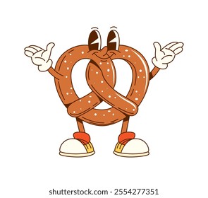 Cartoon groovy pretzel fast food character. Isolated vector bakery and pastry retro personage with a playful expression, wearing retro sneakers and exudes funky vibe. Fresh snack with cheerful smile