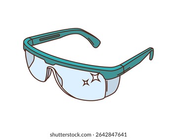 Cartoon groovy protective medical glasses with sparkle effect. Vector safety goggles for eye protection in medical, laboratory and industrial environments ensuring safety or hygiene for medicine staff