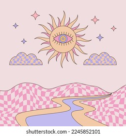 Cartoon groovy psychedelic landscape. 1970s good vibes square poster.