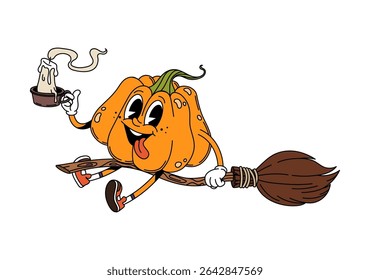 Cartoon groovy pumpkin Halloween character riding a witch broomstick, holding melting candle in one hand. Isolated vector playful y2k retro gourd personage has a mischievous grin and vintage sneakers