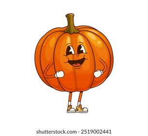 Cartoon groovy pumpkin thanksgiving character with a joyful expression, embodying the festive autumnal spirit. Isolated vector ripe fresh holiday pumpkin personage, playful festive greeting decoration