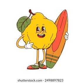 Cartoon groovy quince fruit character with friendly expression holding a surfboard. Isolated vector cute and playful personage exudes fun and beach vibes,enjoying summer vacation and water activities