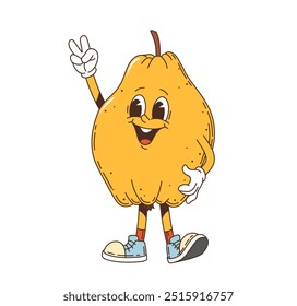 Cartoon groovy quince retro character. Isolated vector vintage ripe fruit personage with expressive smiling face, wearing gloves and sneakers, striking peace sign pose with cheerful facial expression