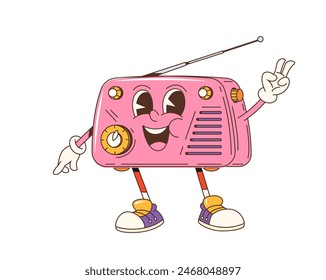 Cartoon groovy radio receiver character. Isolated vector vintage technology personage with nostalgic 60s vibes, funky accessory exuding lively and upbeat energy. Gleeful radio with smile and antennae