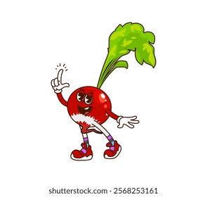 Cartoon groovy radish vegetable character in sneakers on fitness sport. Isolated vector ripe veggie retro farm personage with finger up, promoting healthy eating habits, active lifestyle and wellness