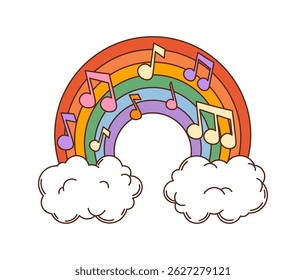 Cartoon groovy rainbow with musical notes and clouds. Isolated vector funky, retro hippie vibrant heavenly arch evoking musical and magic vibes of the 60s and 70s. Symbol of joy, spring or wonder