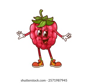 Cartoon groovy raspberry berry character. Isolated vector ripe and healthy retro fruit personage with large eyes, retro sneakers, wide smile and cheerful facial expression standing with happy face