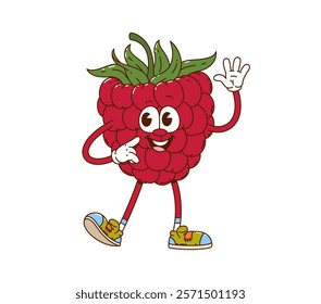 Cartoon groovy raspberry happy smiling character. Garden ripe berry 60s 70s funky cute mascot. Farm orchard fresh raspberry vintage cartoon isolated vector character happy smiling and waving hand