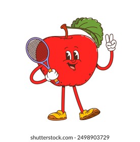 Caricatura de fruta de manzana roja groovy sosteniendo una raqueta de tenis y mostrando el signo de paz. Deportista de frutas de Vector maduro alegre y juguetón promueve un estilo de vida deportivo divertido y feliz