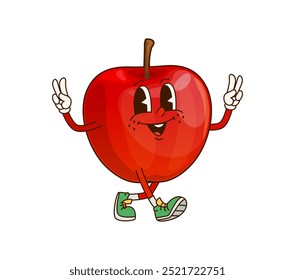 Cartoon groovy red apple Thanksgiving character with cheerful expression, showing peace signs with both hands. Isolated vector ripe, fresh, holiday fruit personage exudes a playful festive autumn vibe