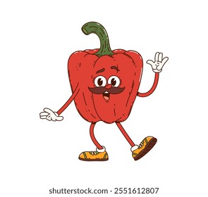 Cartoon groovy red bell pepper vegetable character. Isolated vector mustached fun fresh paprika veg personage with expressive eyes, waving hand, promoting healthy eating and nutrition for kids menu