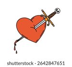 Cartoon groovy red heart pierced by a sword with skull handle, symbolizing love, pain, passion or conflict, heartbreak and sacrifice relationships. Vector Halloween symbol of vintage heart with dagger