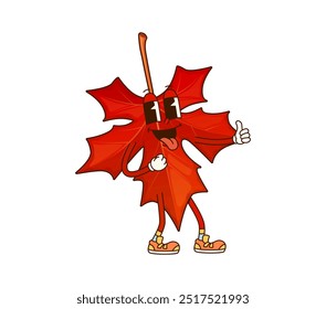 Caricatura groovy hoja de arce rojo carácter de acción de gracias que expresa positividad y diversión con los pulgares hacia arriba. Hoja de otoño estacional juguetona del Vector aislada con la cara alegre lista para la celebración festiva de la fiesta